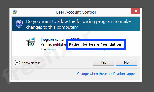 Screenshot where Python Software Foundation appears as the verified publisher in the UAC dialog
